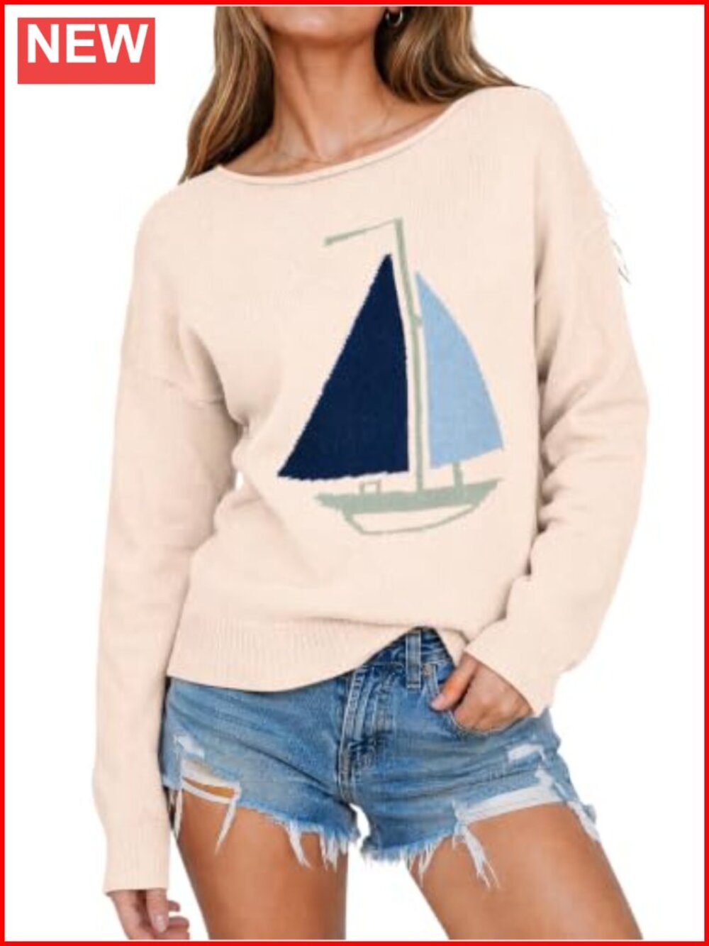 Imily Bela Boat Neck Cropped Knit Sweater Sailboat Graphic Pullover